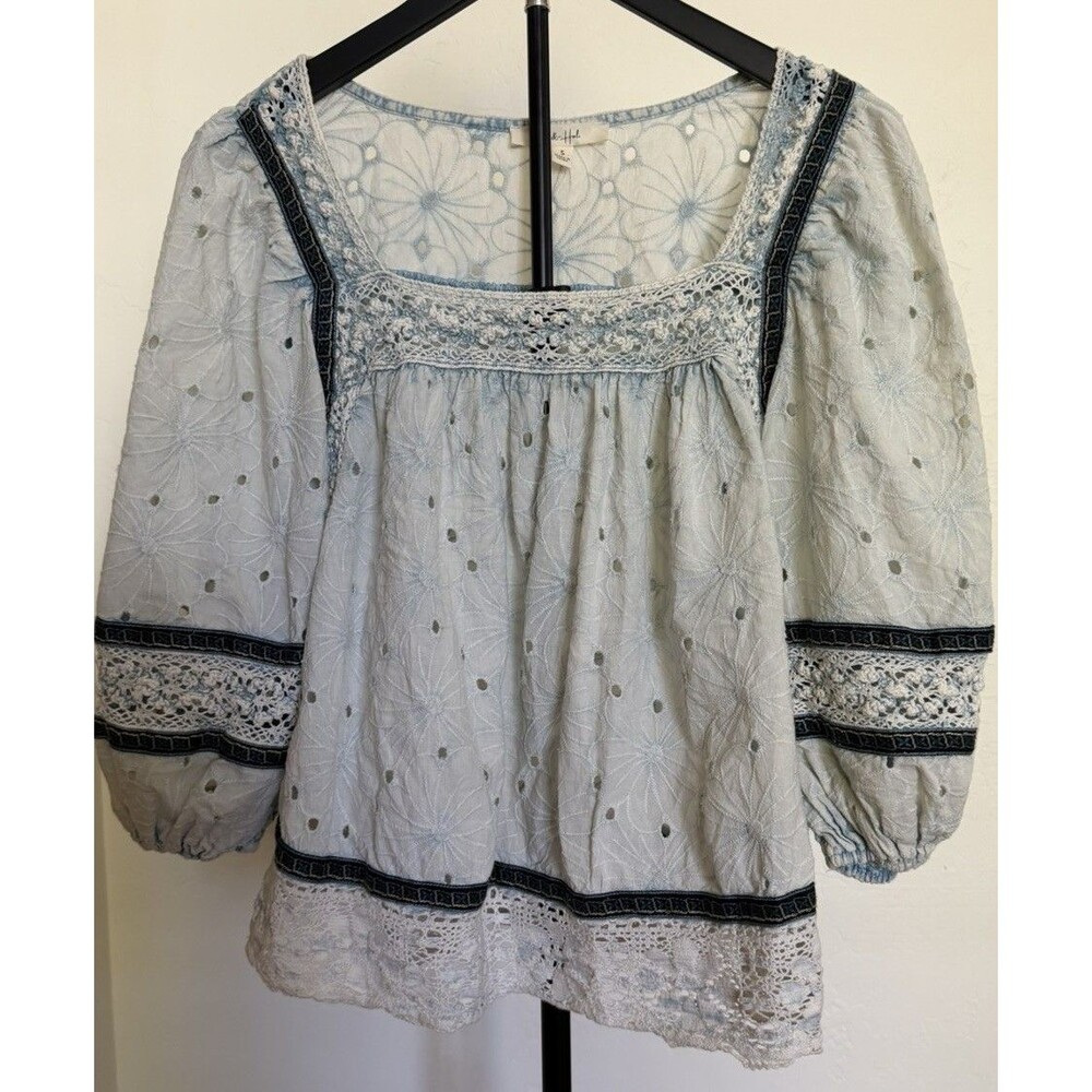 Oli and Hali Women's Peasant Eyelet Top Lace Puff Sleeves Boho Cottagecore S